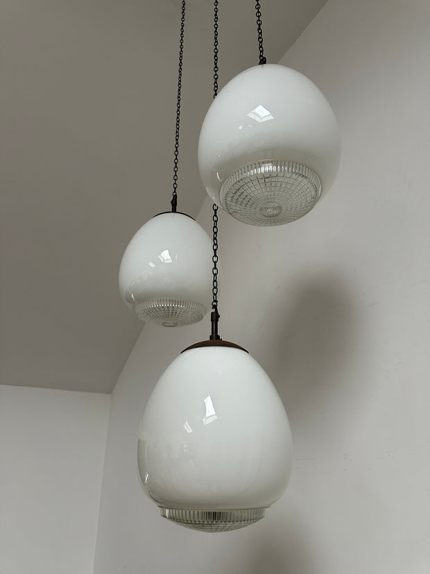 Set Run Antique Vintage Diffused Tulip Opaline Milk Glass Ceiling Pendants By Sunglow