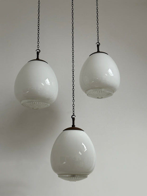 Set Run Antique Vintage Diffused Tulip Opaline Milk Glass Ceiling Pendants By Sunglow