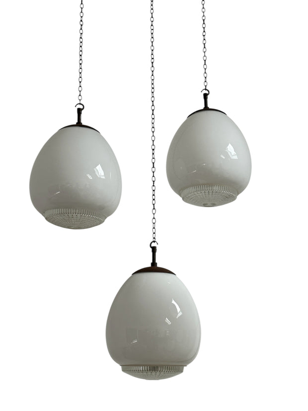 Set Run Antique Vintage Diffused Tulip Opaline Milk Glass Ceiling Pendants By Sunglow