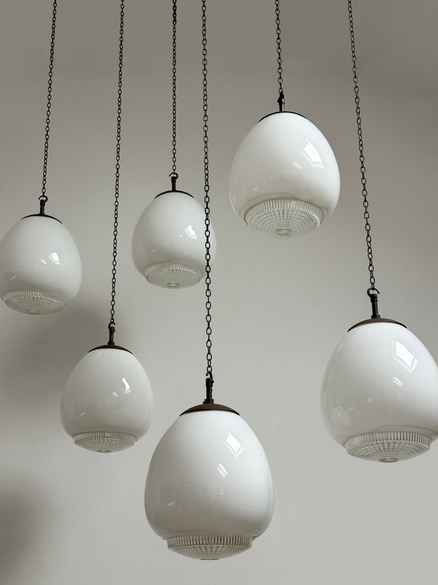 Set Run Antique Vintage Diffused Tulip Opaline Milk Glass Ceiling Pendants By Sunglow
