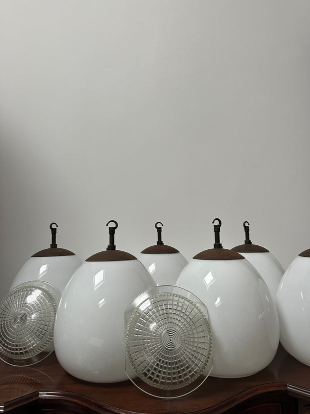 Set Run Antique Vintage Diffused Tulip Opaline Milk Glass Ceiling Pendants By Sunglow