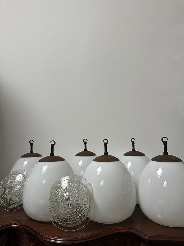 Set Run Antique Vintage Diffused Tulip Opaline Milk Glass Ceiling Pendants By Sunglow