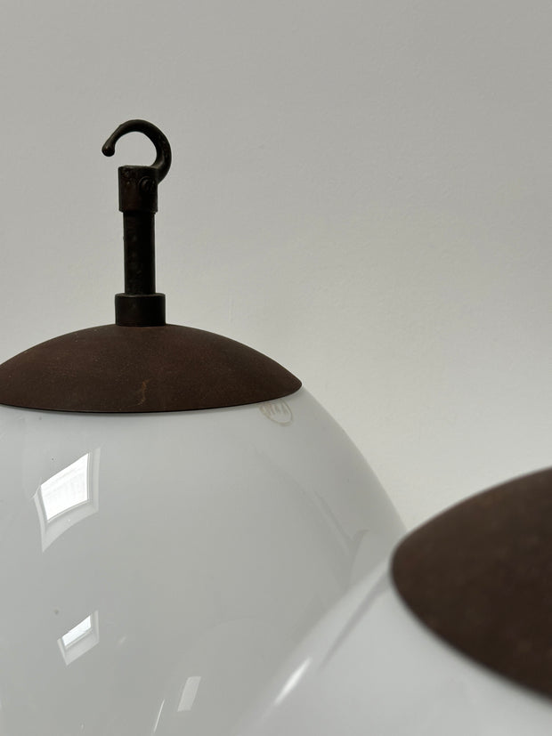 Set Run Antique Vintage Diffused Tulip Opaline Milk Glass Ceiling Pendants By Sunglow