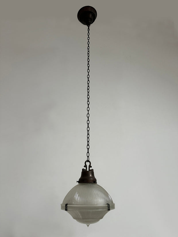 Vintage Antique Three Part Holophane Glass Ceiling Light Pendant Lamp