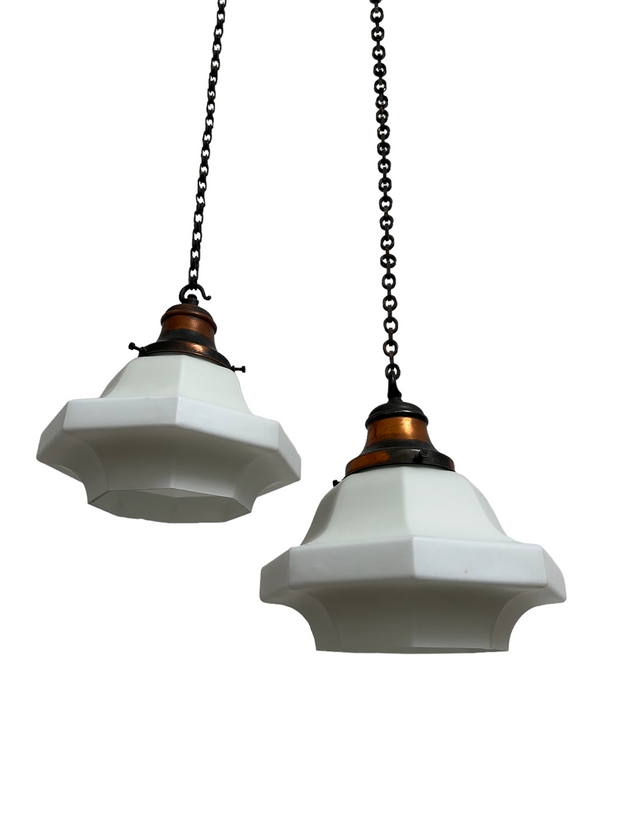 Pair Original Antique Edwardian Satin Church Opaline Milk Glass Ceiling Pendant Lights