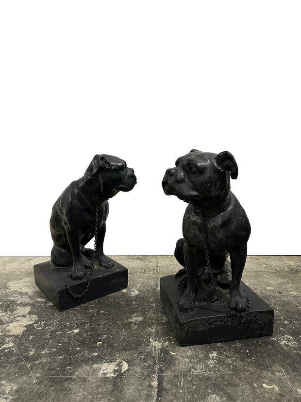 Pair Antique Vintage French Cast Iron Bronze Bulldogs Figurine Statue Sculpture