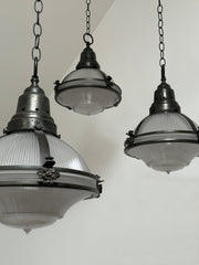 Antique Vintage Industrial Caged Glass Holophane Ceiling Pendants Lights Lanterns