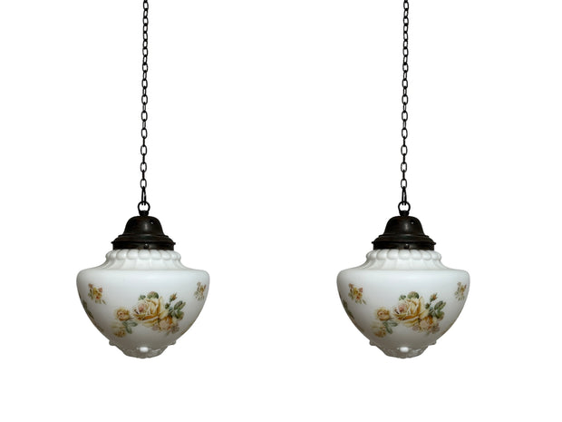 Pair Antique Edwardian Satin Opaline Milk Glass Painted Floral Ceiling Pendants Light