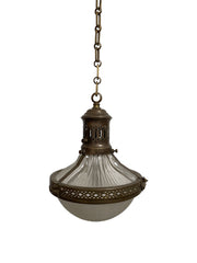 Antique Vintage French Brass Caged Holophane Ceiling Pendant Light Lamp