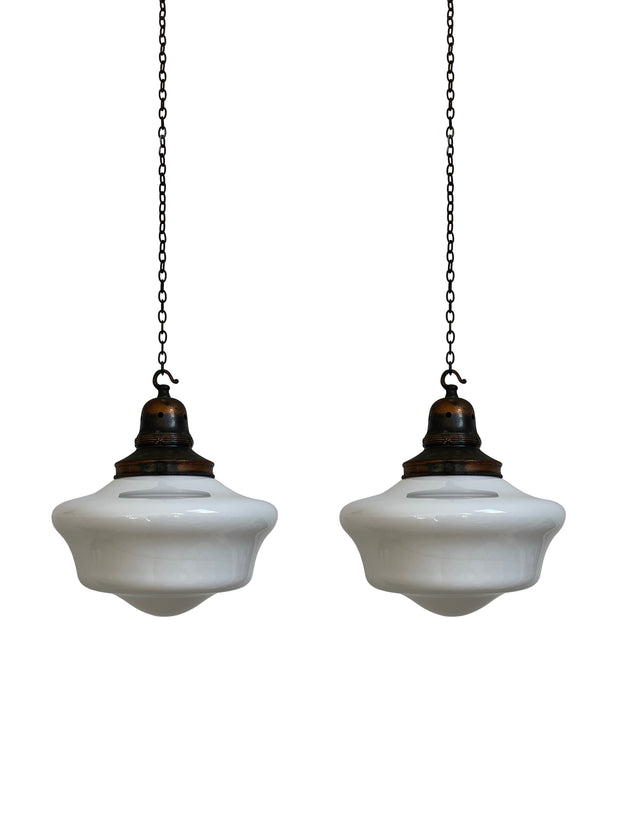 Pair Set Vintage Antique English Church Opaline Milk Glass Pendants Light Lamps