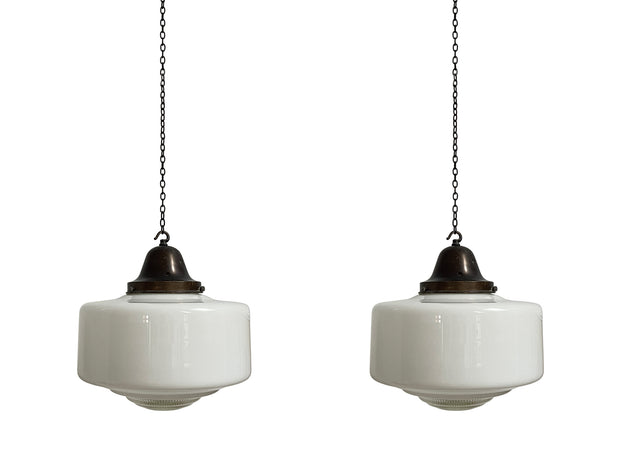 Pair Large Antique Vintage Diffused Opaline Milk Glass Church Ceiling Pendant Lights Lamp