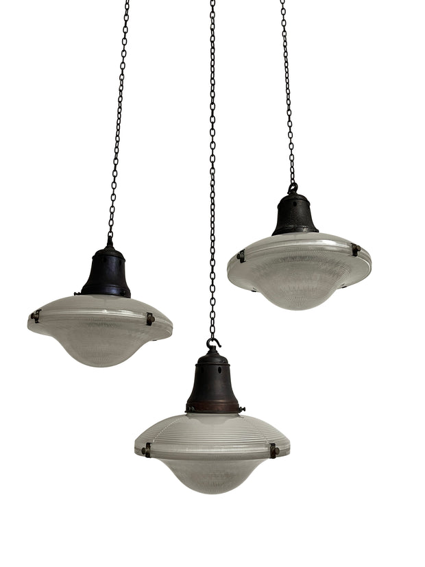 Run Set Antique Vintage Industrial Holophane Glass Ceiling Pendants Light Lamp