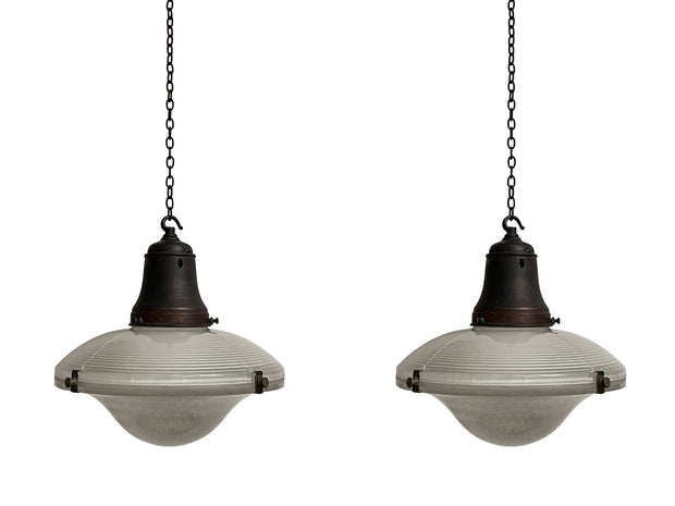 Run Set Antique Vintage Industrial Holophane Glass Ceiling Pendants Light Lamp