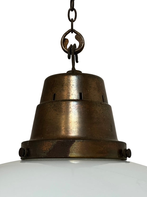Antique Vintage Copper Ovaloid Opaline Milk Glass Pendant Light Lamp