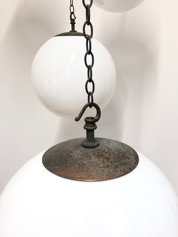 Medium Vintage Antique Industrial Opaline Globe Pendant Lights