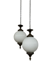 Pair Set Antique Edwardian Opaline Milk Glass Ceiling Pendants Light Lamp