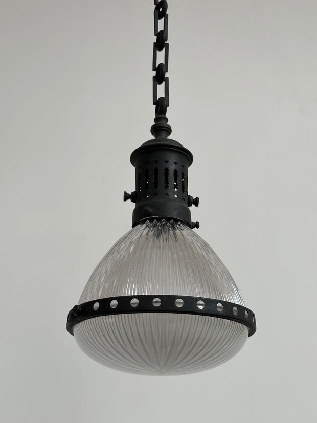 Antique Vintage Original French Caged Teardrop Holophane Ceiling Pendant Light Lamp