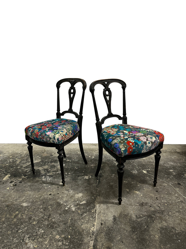 Pair Antique Aesthetic Movement Ebonised Hall Chairs In Velvet Fabric By House Of Hackney