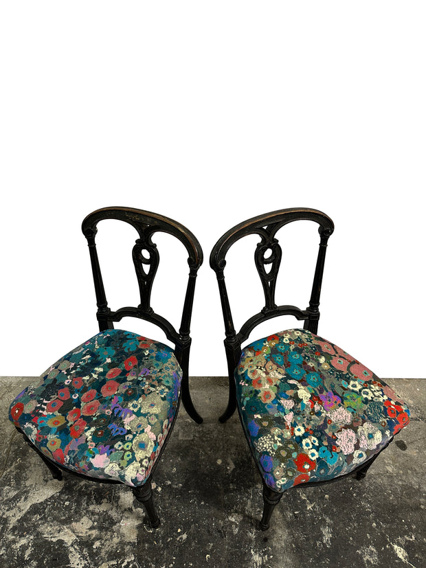 Pair Antique Aesthetic Movement Ebonised Hall Chairs In Velvet Fabric By House Of Hackney