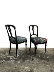 Pair Antique Aesthetic Movement Ebonised Hall Chairs In Velvet Fabric By House Of Hackney