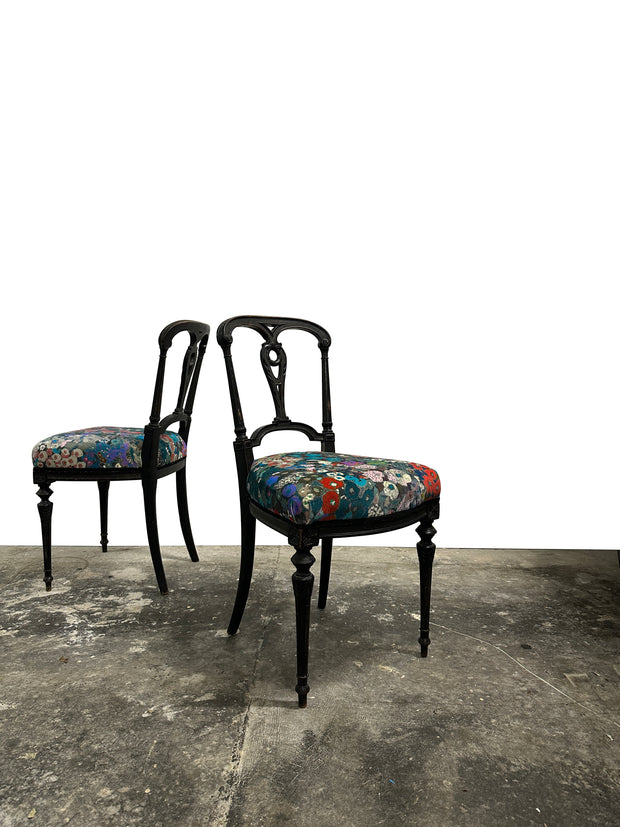 Pair Antique Aesthetic Movement Ebonised Hall Chairs In Velvet Fabric By House Of Hackney