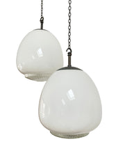 Pair Antique Vintage Diffused Tulip Opaline Milk Glass Ceiling Lights Pendants Lamps