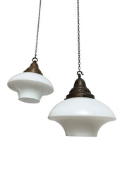 Pair Antique Industrial Vintage Church Opaline Milk Glass Pendant Lights