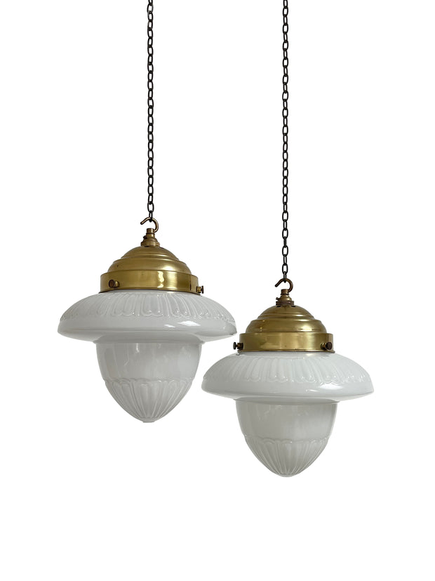 Pair Original Antique Acorn Opaline Milk Glass Pendant Lights
