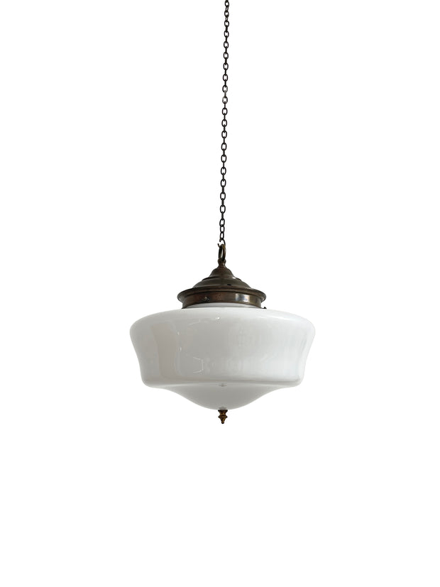 Antique Vintage Industrial Church Opaline Milk Glass Ceiling Pendant With Finial