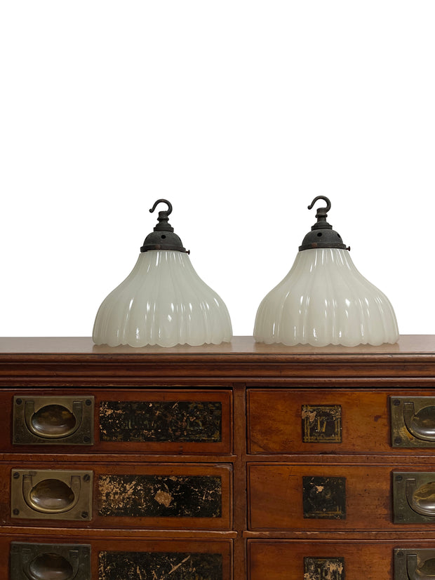 Pair Antique Vintage Jefferson Moonstone Opaline Glass Ceiling Pendants