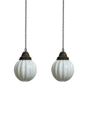 Run Antique Vintage Opaline Milk Glass Ribbed Globe Pendant Lights