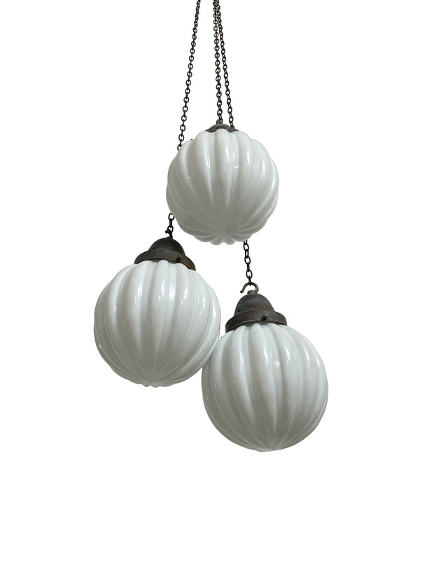 Run Antique Vintage Opaline Milk Glass Ribbed Globe Pendant Lights