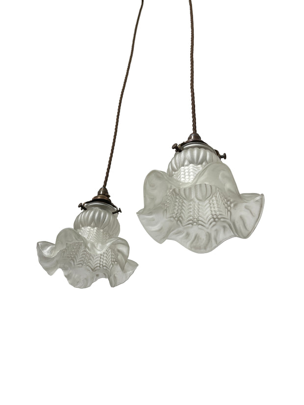 Pair Antique Vintage French Frosted Glass Floral Ceiling Light Pendants