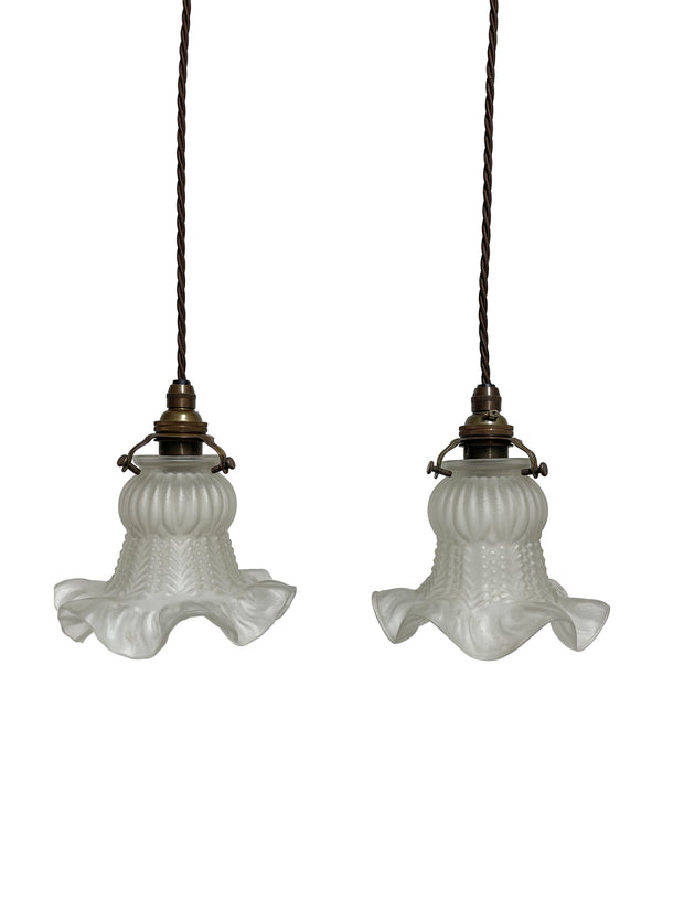Pair Antique Vintage French Frosted Glass Floral Ceiling Light Pendants