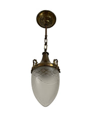 Large Antique Edwardian Frosted Cut Glass Brass Ceiling Pendant