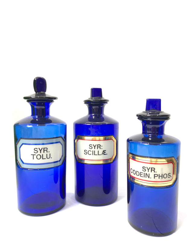 Antique Vintage Blue Glass Apothecary Chemist Bottles