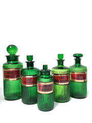 Set Collection Vintage Antique Green Glass Victorian Apothecary Chemist Bottles