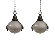 Pair Antique Vintage Industrial Caged Glass Holophane Ceiling Pendants Lights