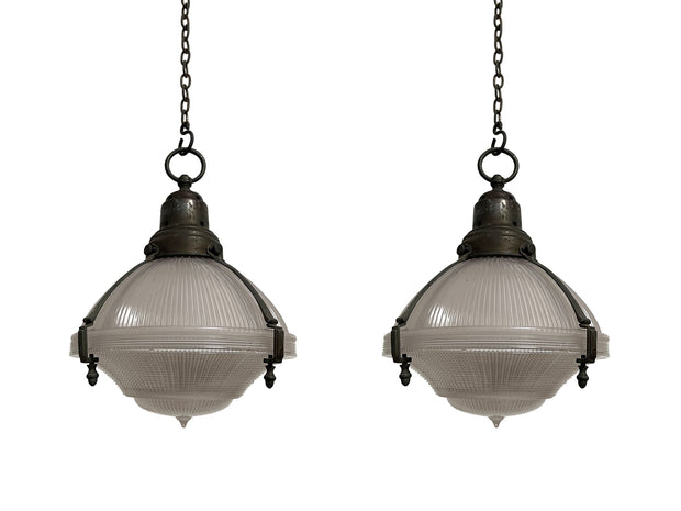 Pair Antique Vintage Industrial Caged Glass Holophane Ceiling Pendants Lights