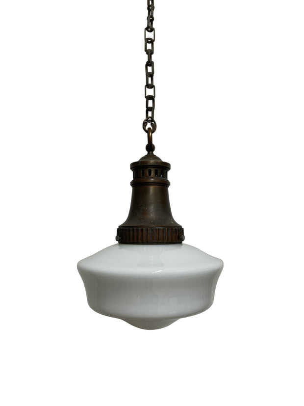 Large Antique Vintage Cast Iron Opaline Milk Glass Ceiling Pendant Light Lamp
