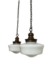 Pair Set Vintage Antique Church Opaline Milk Glass Ceiling Pendants Lights Lamps