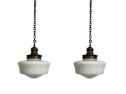 Pair Set Vintage Antique Church Opaline Milk Glass Ceiling Pendants Lights Lamps