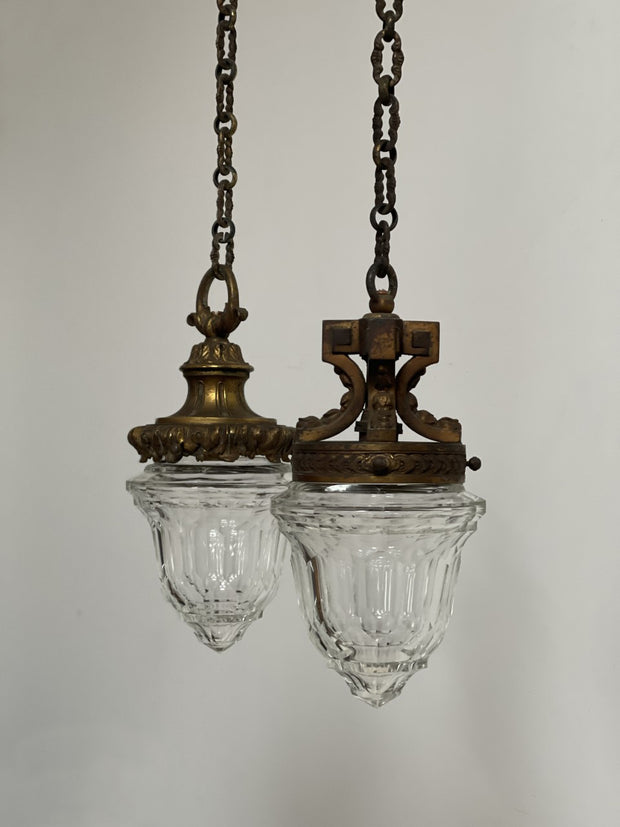Pair Antique Vintage Ornate Brass Cut Glass Ceiling Pendants Light Lamp