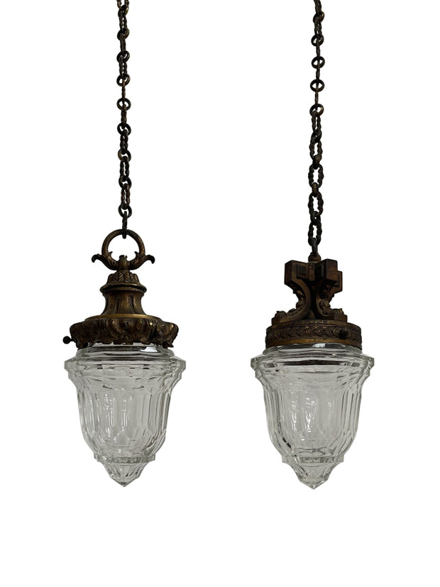 Pair Antique Vintage Ornate Brass Cut Glass Ceiling Pendants Light Lamp